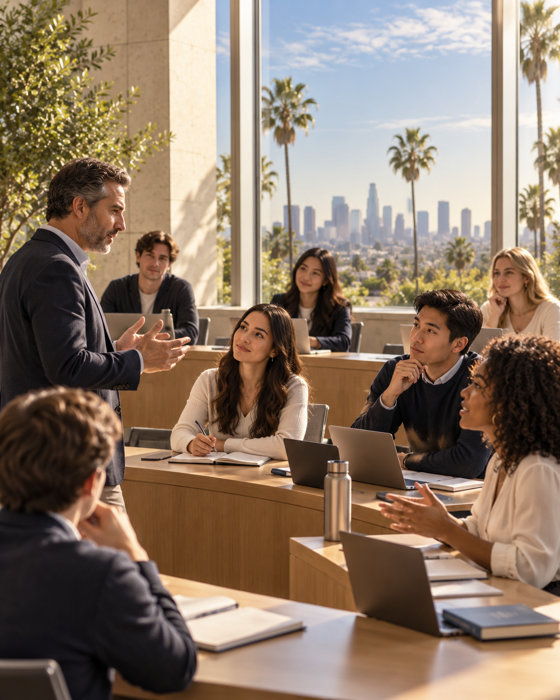 University seminar with Los Angeles skyline views