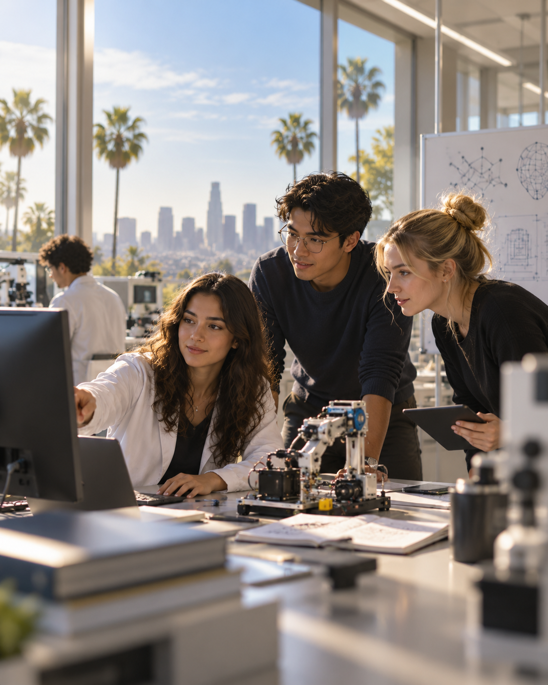 Students collaborating in a robotics research lab